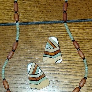Native American Santo Domingo Artisan Earth Tone Necklace & Earring Set